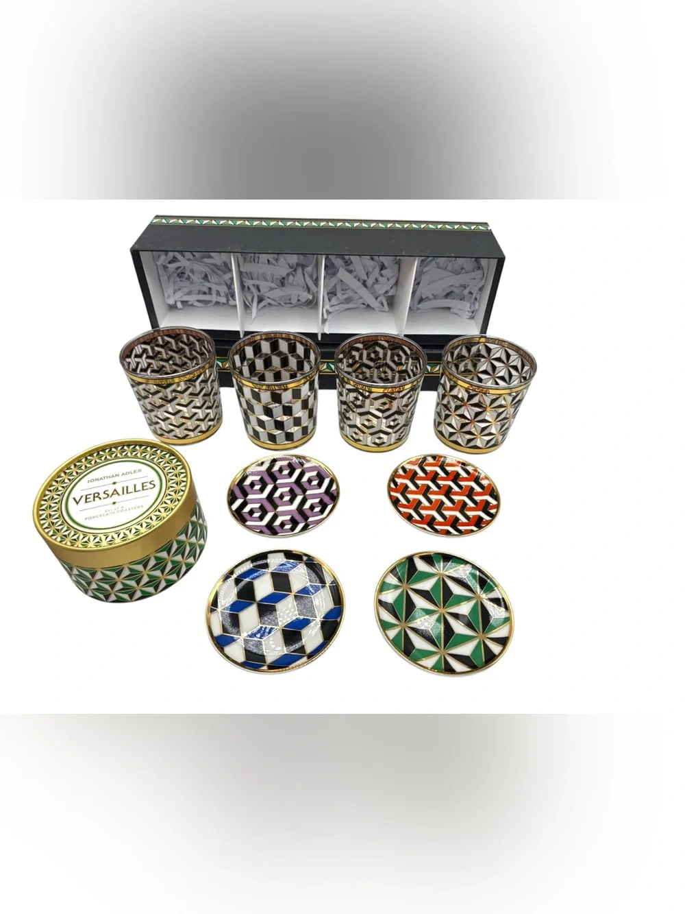 Jonathan Adler Versailles Cocktail Glasses + Porcelain Coasters — Set of 4 Each